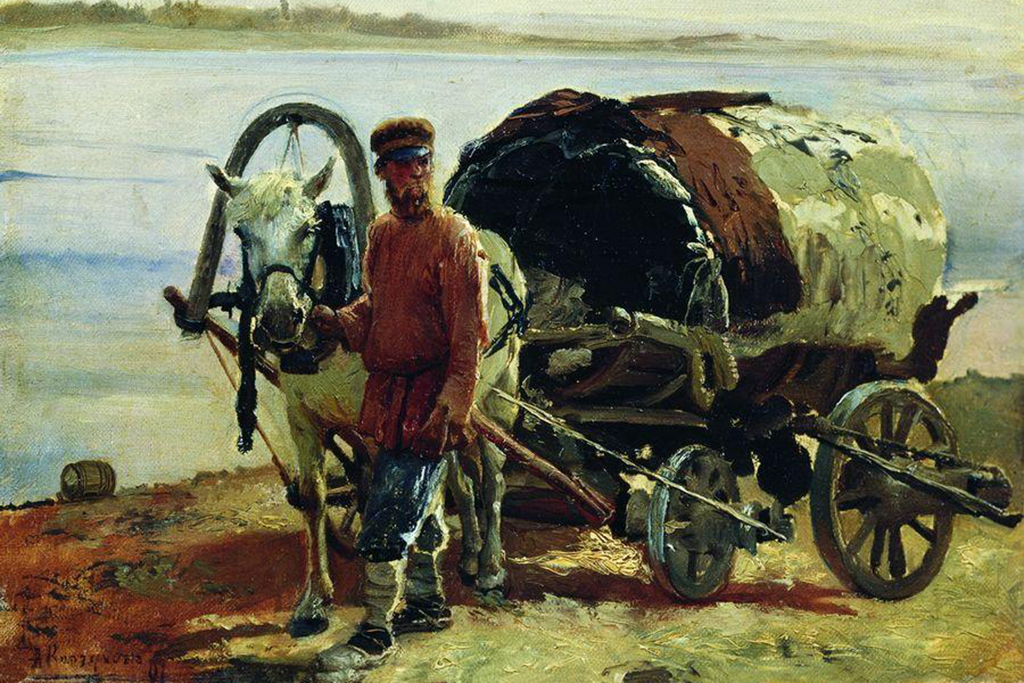 Крестьянин рядом с телегой на картине «Возок» Александра Корзухина, 1891 год