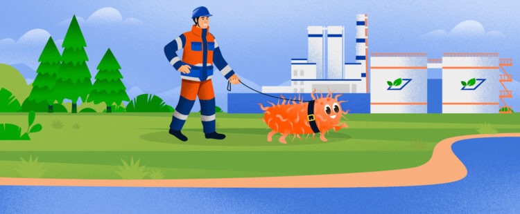 Сотрудник Омского нефтеперерабатывающего завода гуляет с прирученной бактерией по берегу Иртыша мимо комплекса «Биосфера»