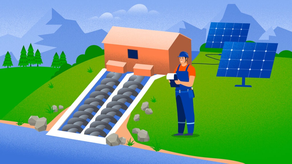 Инженер оценивает работу высокогорной мини—ГЭС с архимедовыми винтами, рядом стоят солнечные панели