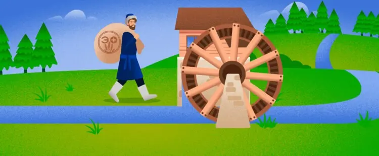 Крестьянин идет с мешком зерна на водяную мельницу