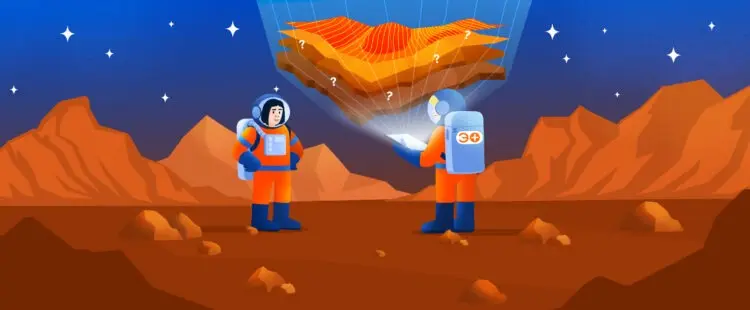 Ученые на Марсе анализируют голограмму геологических пород красной планеты