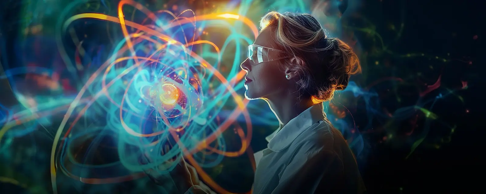 Женщина ученый рассматривает голограму атома