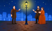 Петр Соболевский показывает жителям Санкт-Петербурга первый газовый фонарь