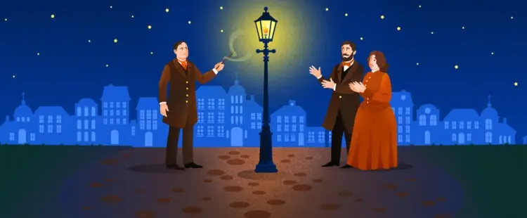 Петр Соболевский показывает жителям Санкт-Петербурга первый газовый фонарь