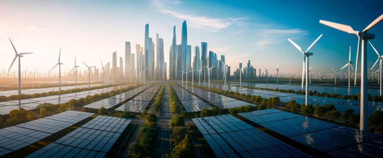 Предполагаемый вид города будущего, который обеспечивается альтернативными источниками энергии