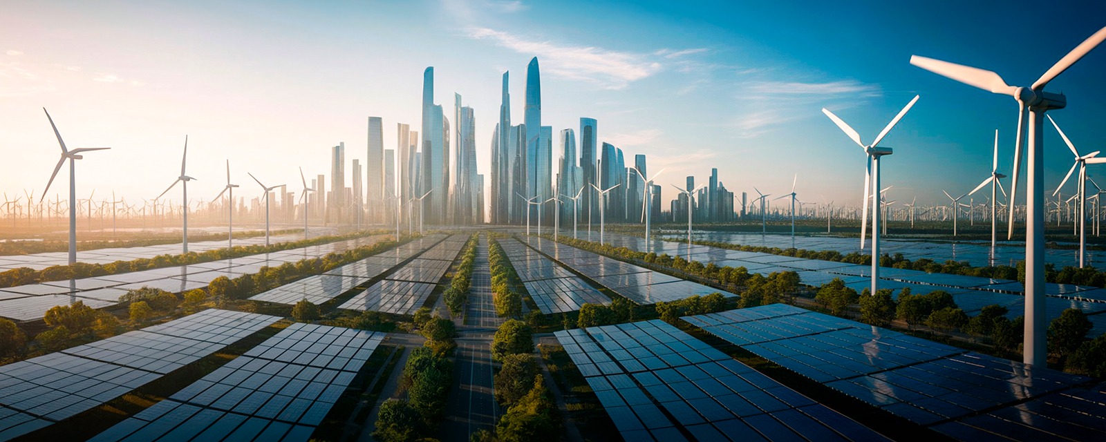 Предполагаемый вид города будущего, который обеспечивается альтернативными источниками энергии