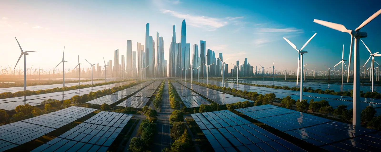 Предполагаемый вид города будущего, который обеспечивается альтернативными источниками энергии