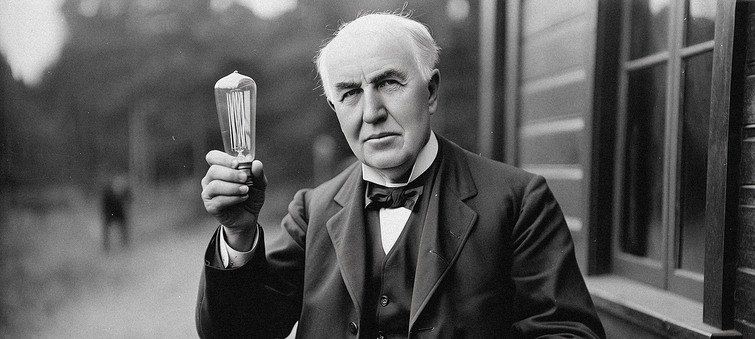 Томас Эдисон с лампочкой в руке