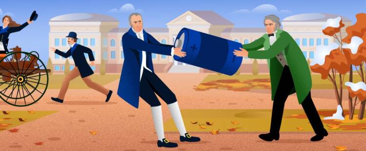 Алессандро Вольта и Майкл Фарадей оспаривают первенство в изобретении батарейки, в то время как два изобретателя тестируют первый автомобиль с двигателем внутреннего сгорания