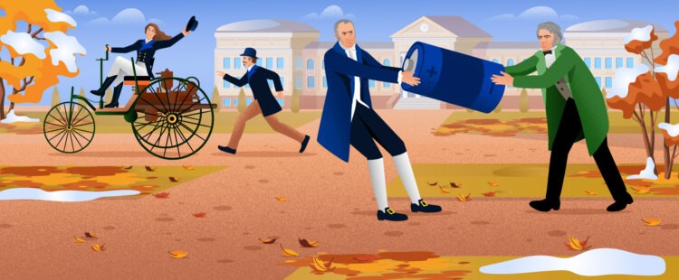 Алессандро Вольта и Майкл Фарадей оспаривают первенство в изобретении батарейки, в то время как два изобретателя тестируют первый автомобиль с двигателем внутреннего сгорания