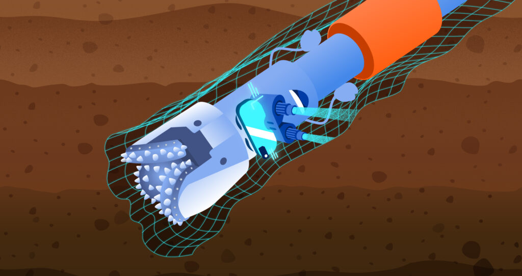Бур за работой в VR-очках и с биноклем-сканером 