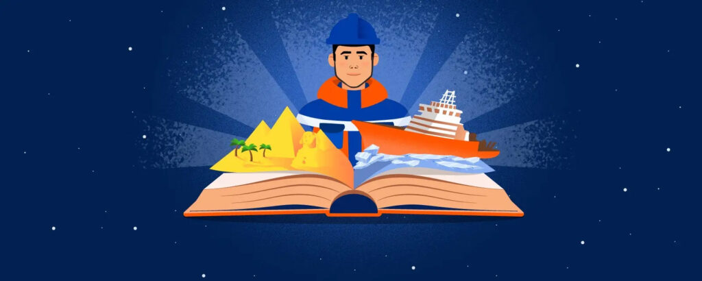 Вахтовик перед книгой знаний о прошлом