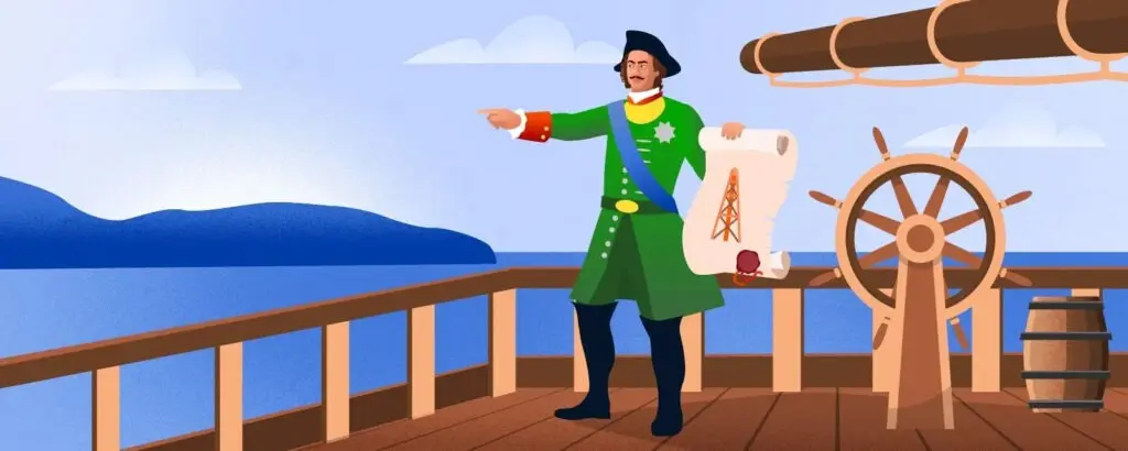 Петр I на корабле с чертежом буровой вышки