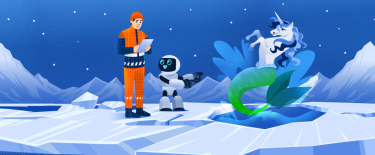 Из проруби выныривает морской единорог, робот-помощник показывает его инженеру