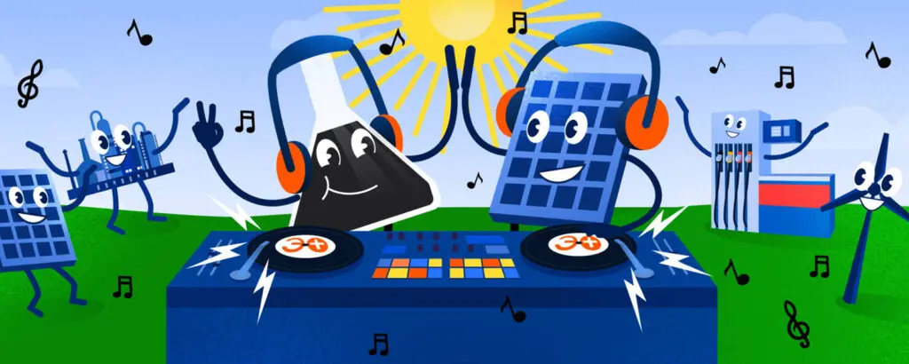 Колба с нефтью и солнечная панель устраивают дискотеку для традиционной и альтернативной энергетик