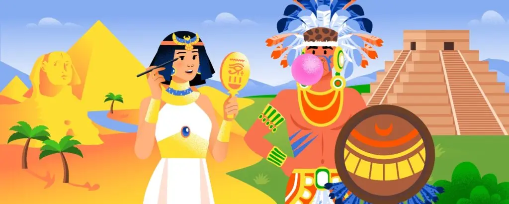 Египетская царица и ацтекский шаман на фоне пирамид