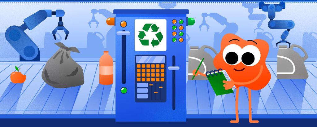 Мультипликационный персонаж «Энергии+» на заводе по переработке вторсырья