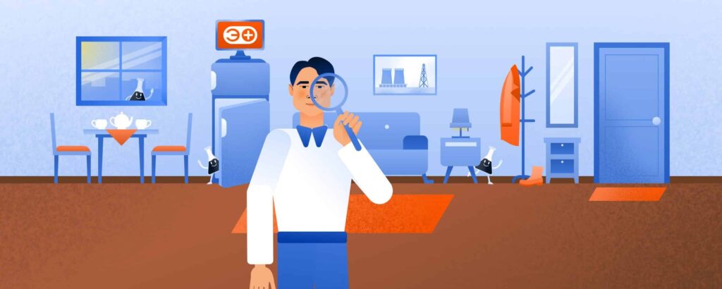 Мужчина с лупой ищет в своей квартиры предметы из нефти