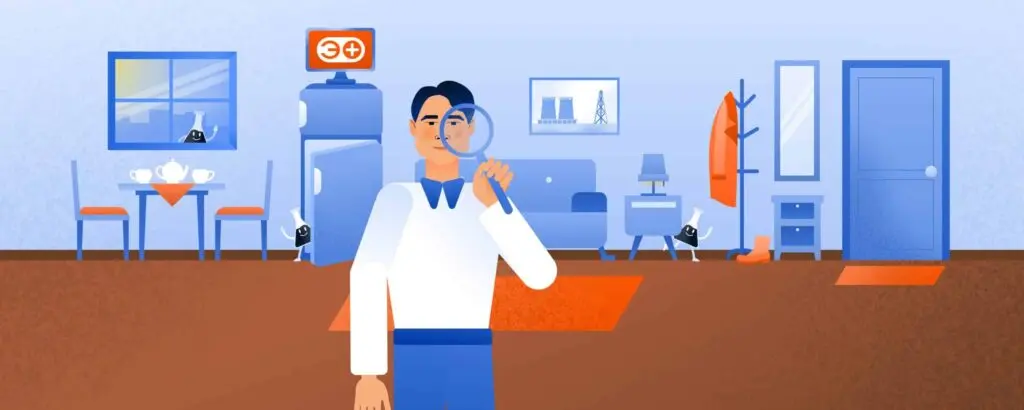 Мужчина с лупой ищет в своей квартиры предметы из нефти