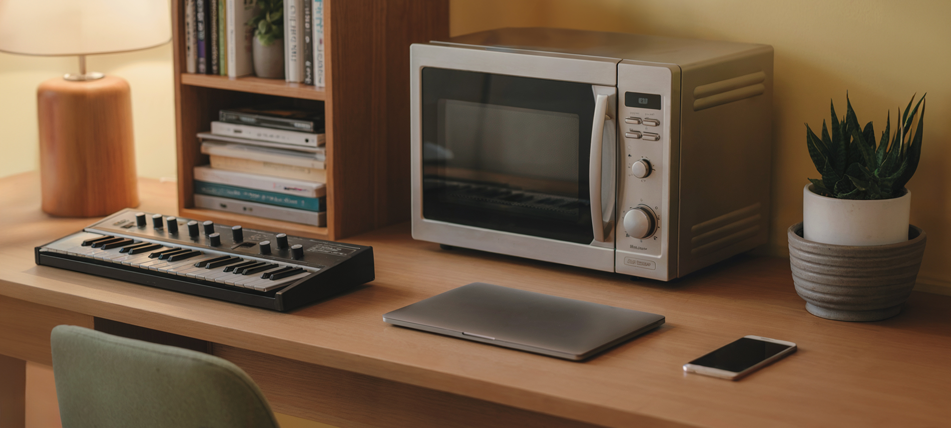 Синтезатор, микроволновая печь и ноутбук