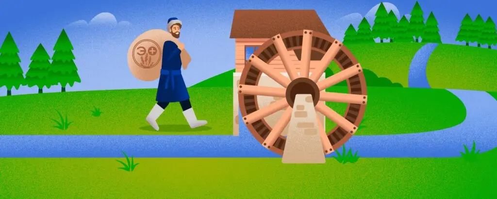 Крестьянин идет к водяной мельнице с пакетом муки