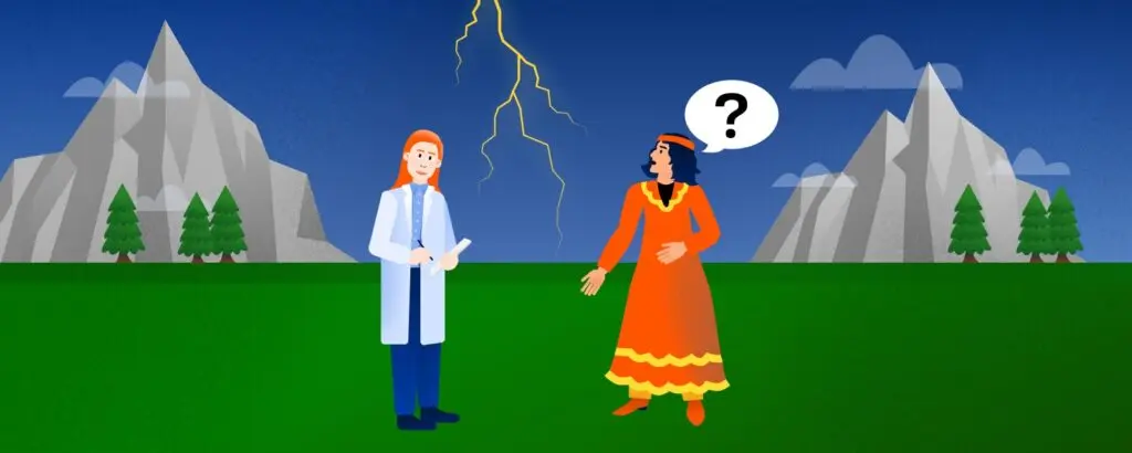 Ученый и шаман на фоне молнии