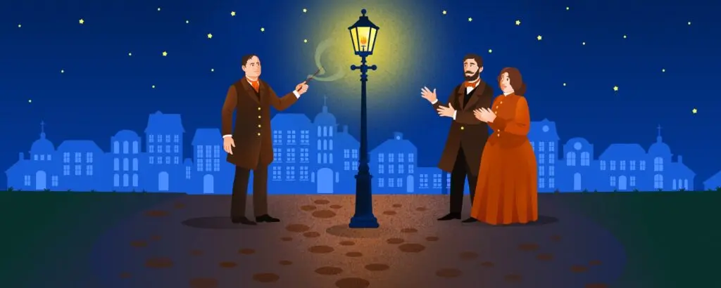 Инженер Соболевский рядом с первым газовым фонарем в Санкт-Петербурге