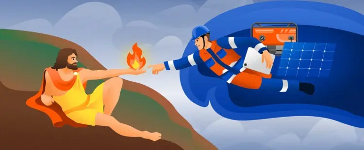 Прометей из древности передает огонь технологий современному инженеру-вахтовику