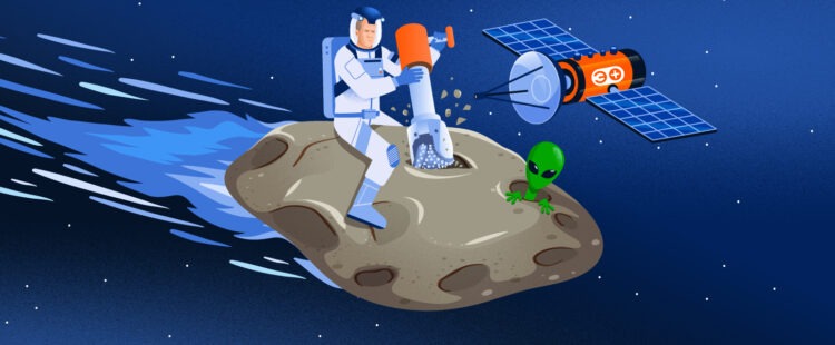 Брюс Уиллис бурит астероид, из которого выглядывает инопланетянин. Все это фиксирует спутник «Энергии+»