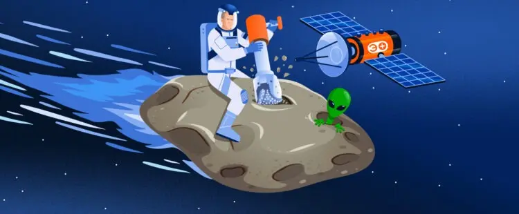 Брюс Уиллис бурит астероид, из которого выглядывает инопланетянин. Все это фиксирует спутник «Энергии+»