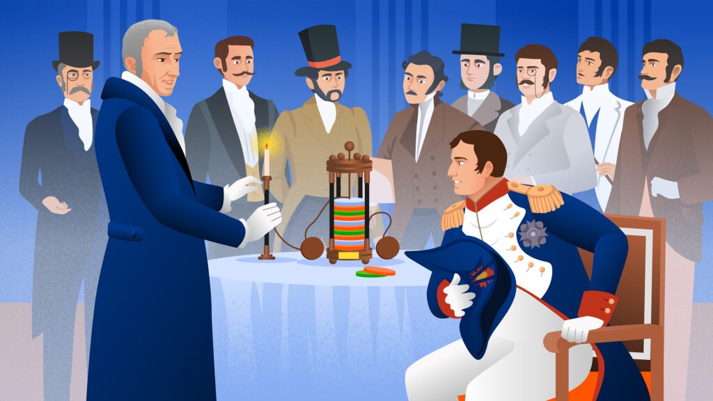 Алессандро Вольта демонстрирует Наполеону первых химический источник постоянного тока