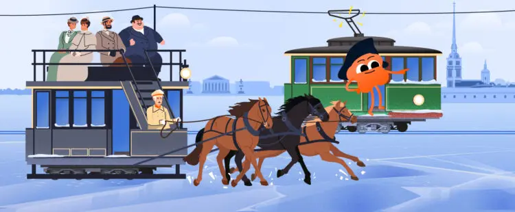 Ледовый трамвай обгоняет конку