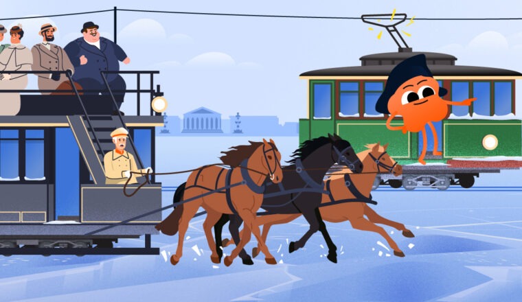 Ледовый трамвай обгоняет конку