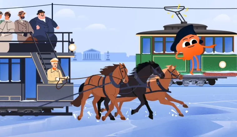 Ледовый трамвай обгоняет конку