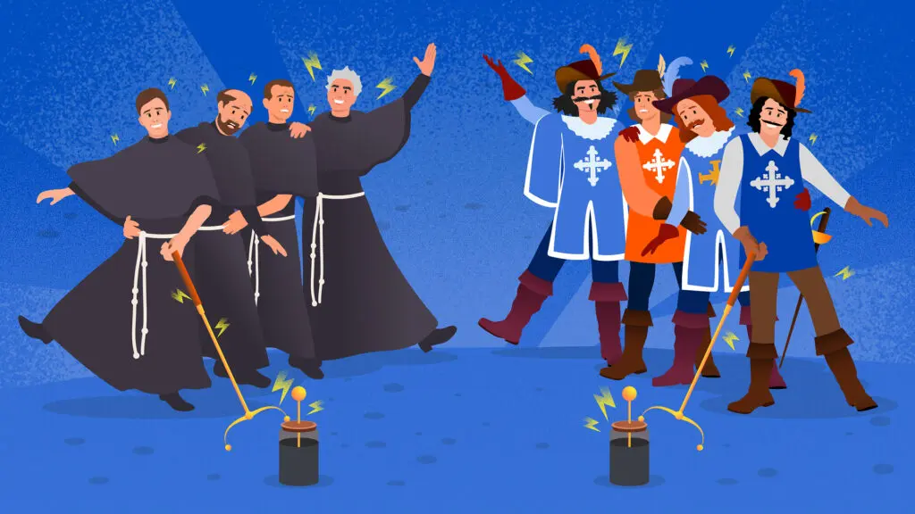 Французские монахи и мушкетеры ставят эксперимент по проводимости тока 