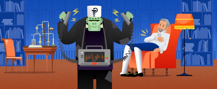 Чудовище доктора Франкенштейна с дефибриллятором и перепуганный доктор Франкенштейн в кресле