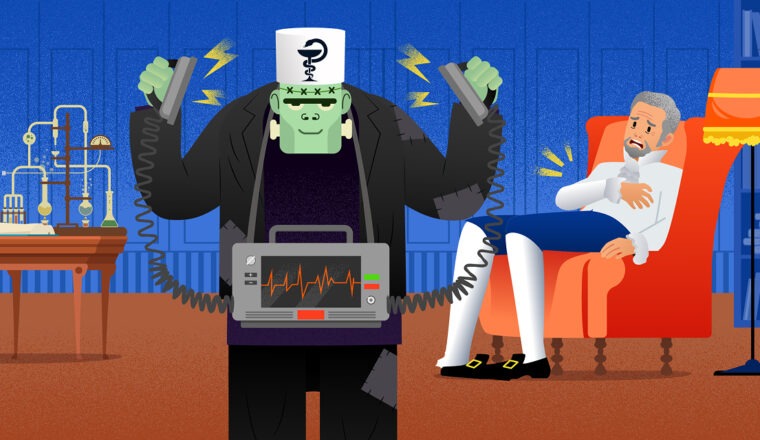 Чудовище доктора Франкенштейна с дефибриллятором и перепуганный доктор Франкенштейн в кресле