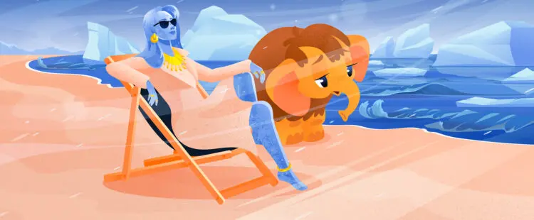 Вечная мерзлота в образе ледяной королевы отдыхает на арктическом побережье в компании мамонтенка