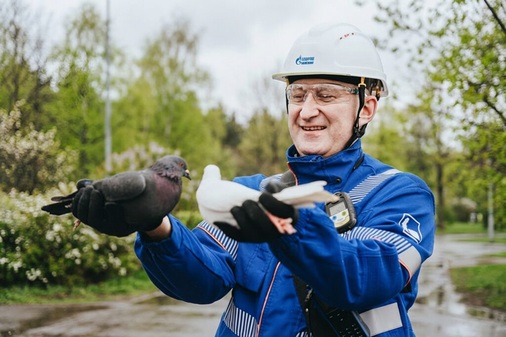 Сотрудник МНПЗ с голубями в руках