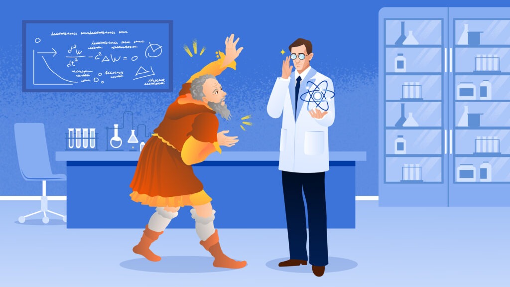 Алхимик Джордж Рипли с удивлением смотрит на ученого, который овладел энергией атома