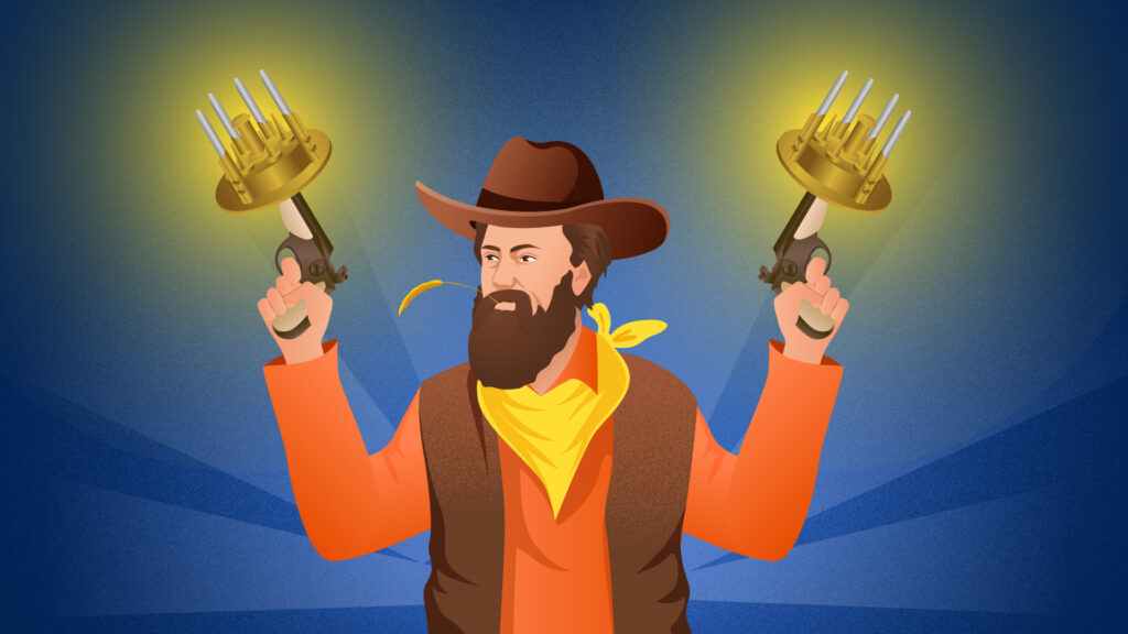 Павел Яблочков с подсвечниками-револьверами