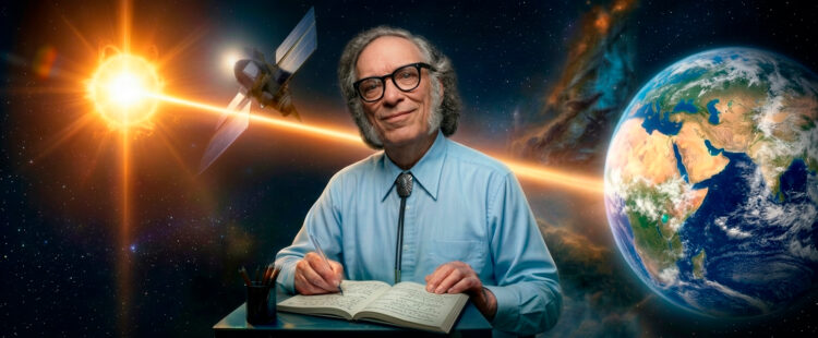 Писатель-фантаст Айзек Азимов на фоне космического пространства. Изображение сгенерировано нейросетью