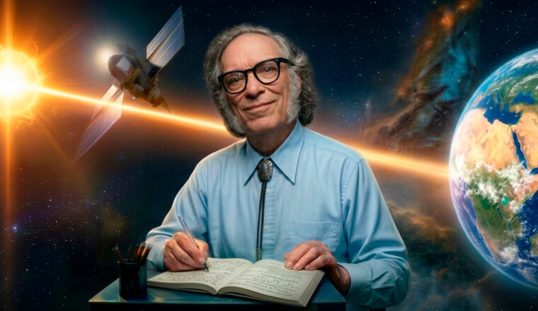 Писатель-фантаст Айзек Азимов на фоне космического пространства. Изображение сгенерировано нейросетью