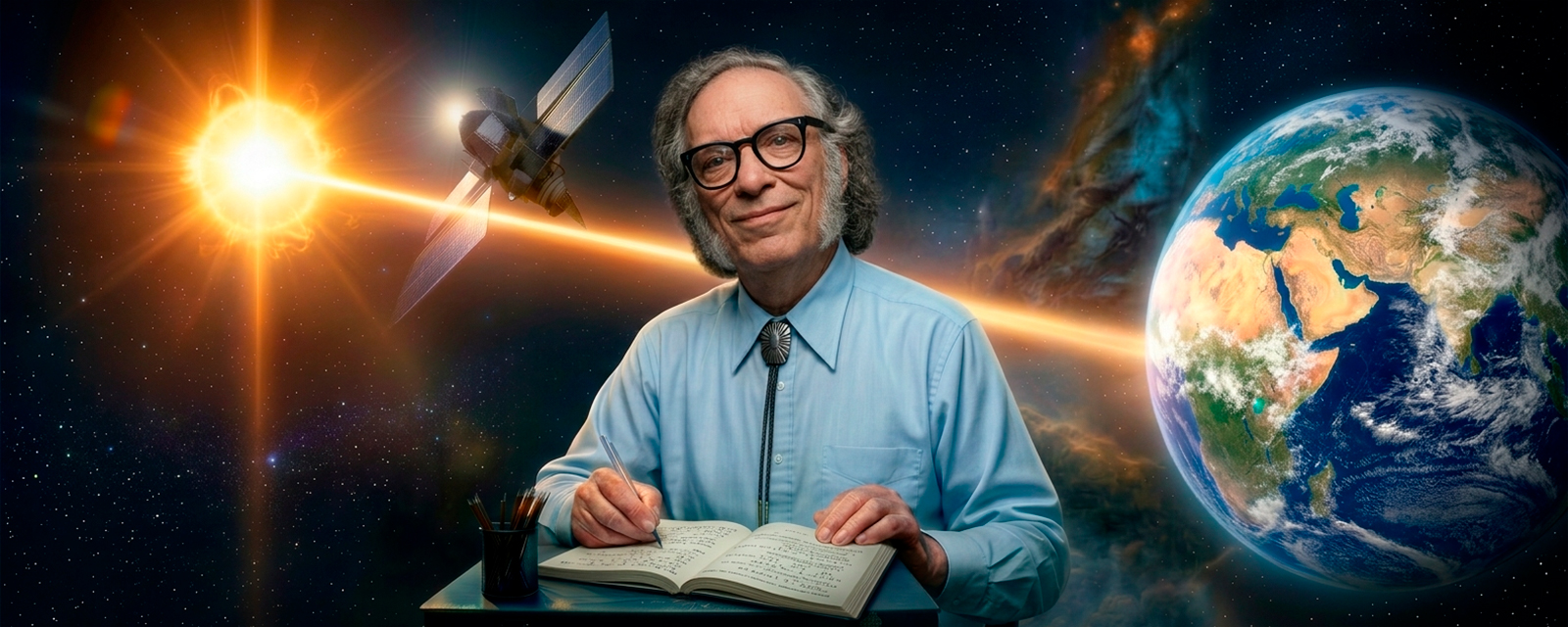 Писатель-фантаст Айзек Азимов на фоне космического пространства. Изображение сгенерировано нейросетью