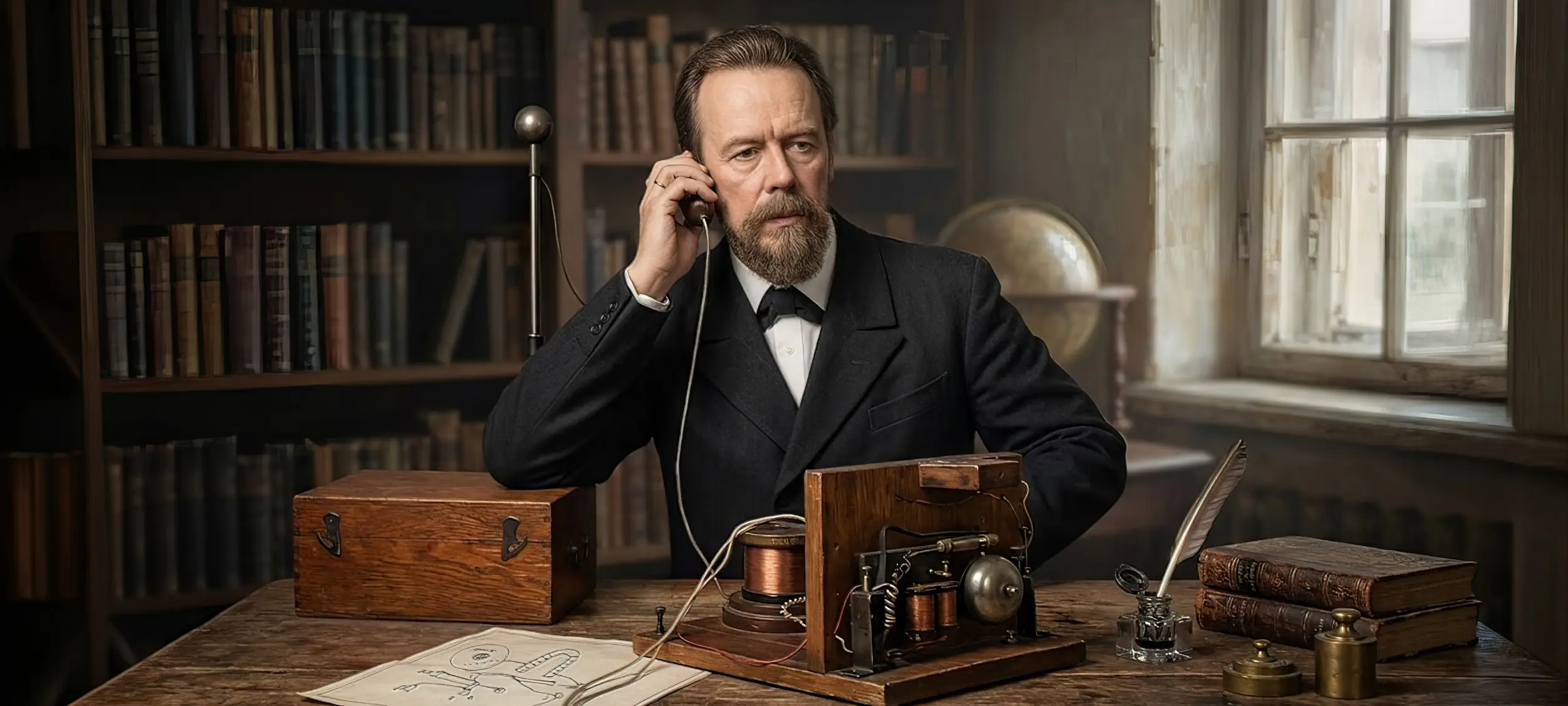 Изобретатель Александр Попов и первое радио. Изображение сгенерировано нейросетью