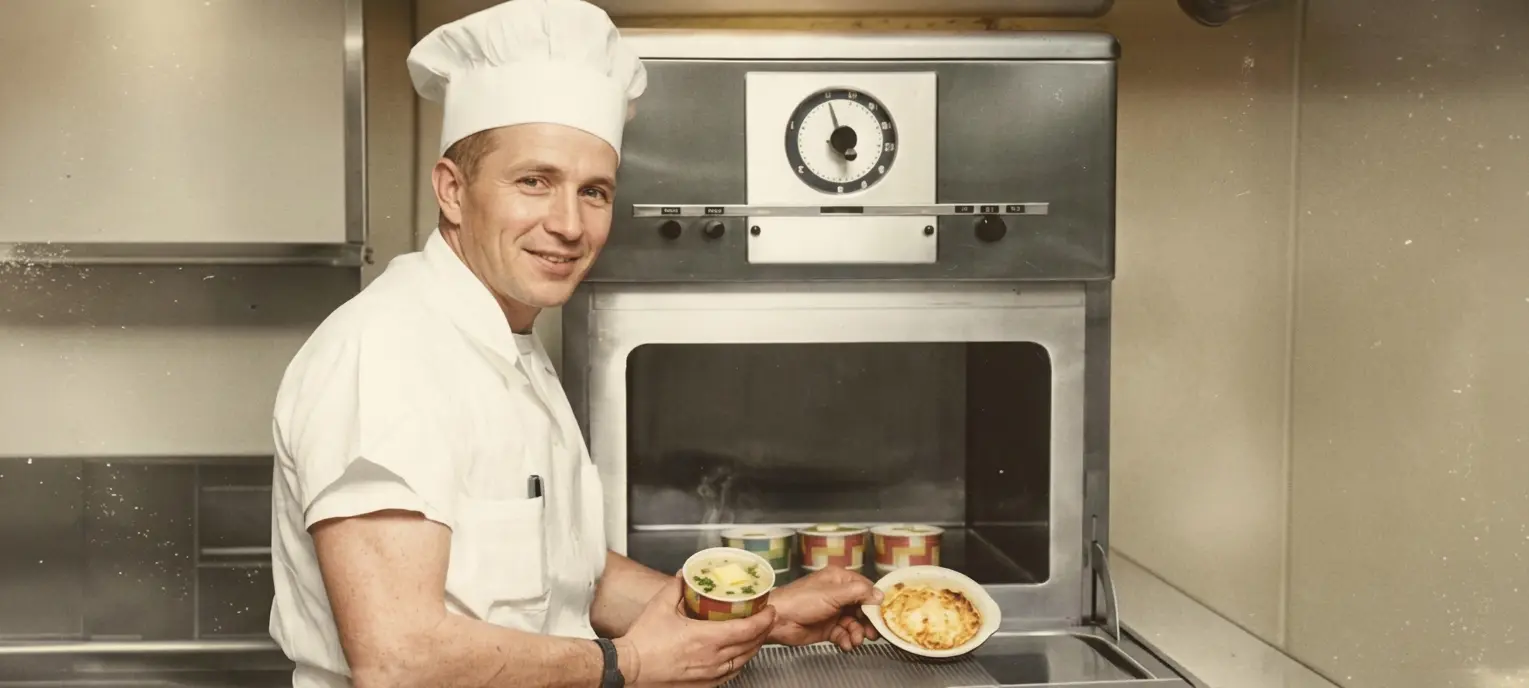 Мужчина возле микроволновой печи. Изображение сгенерировано нейросетью