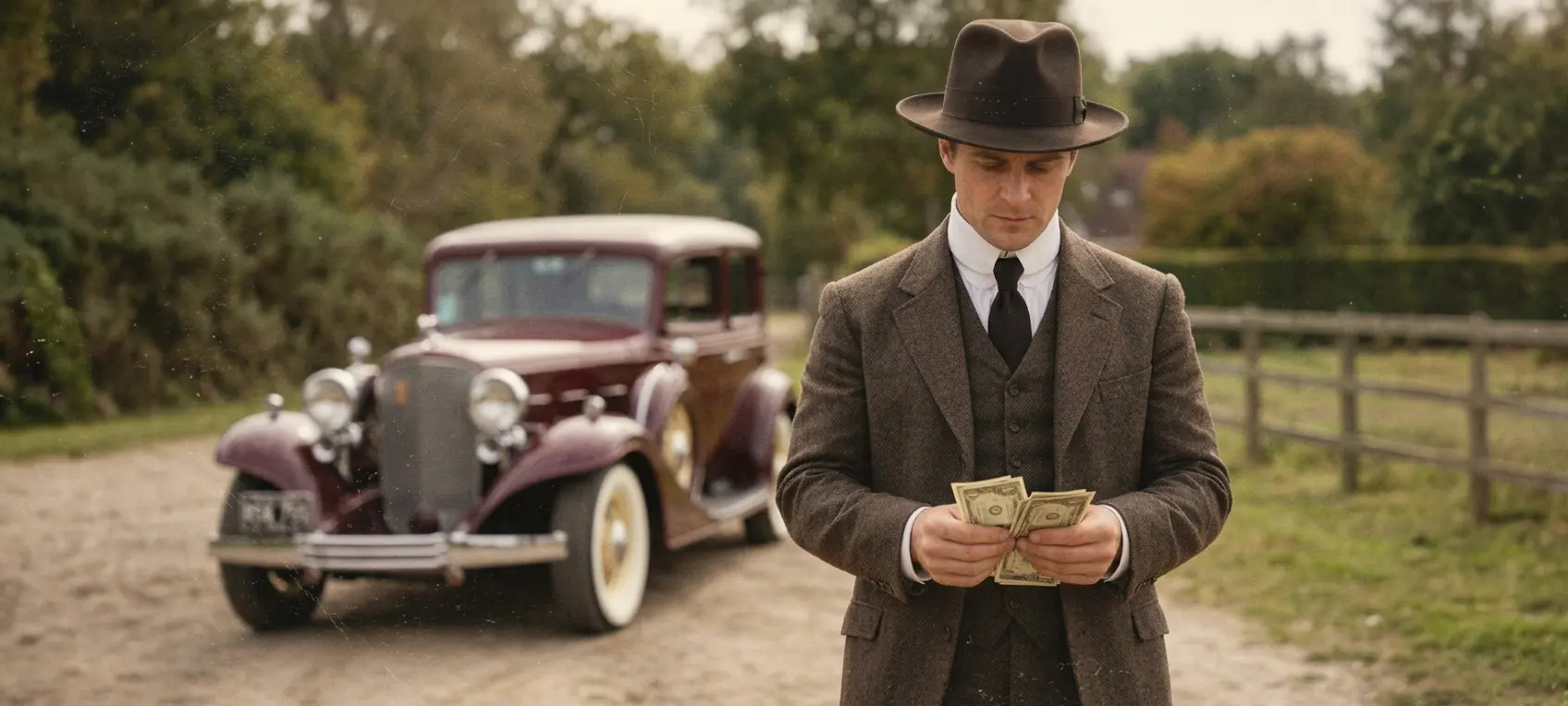 Мужчина XX века приобретает новый автомобиль. Изображение сгенерировано нейросетью