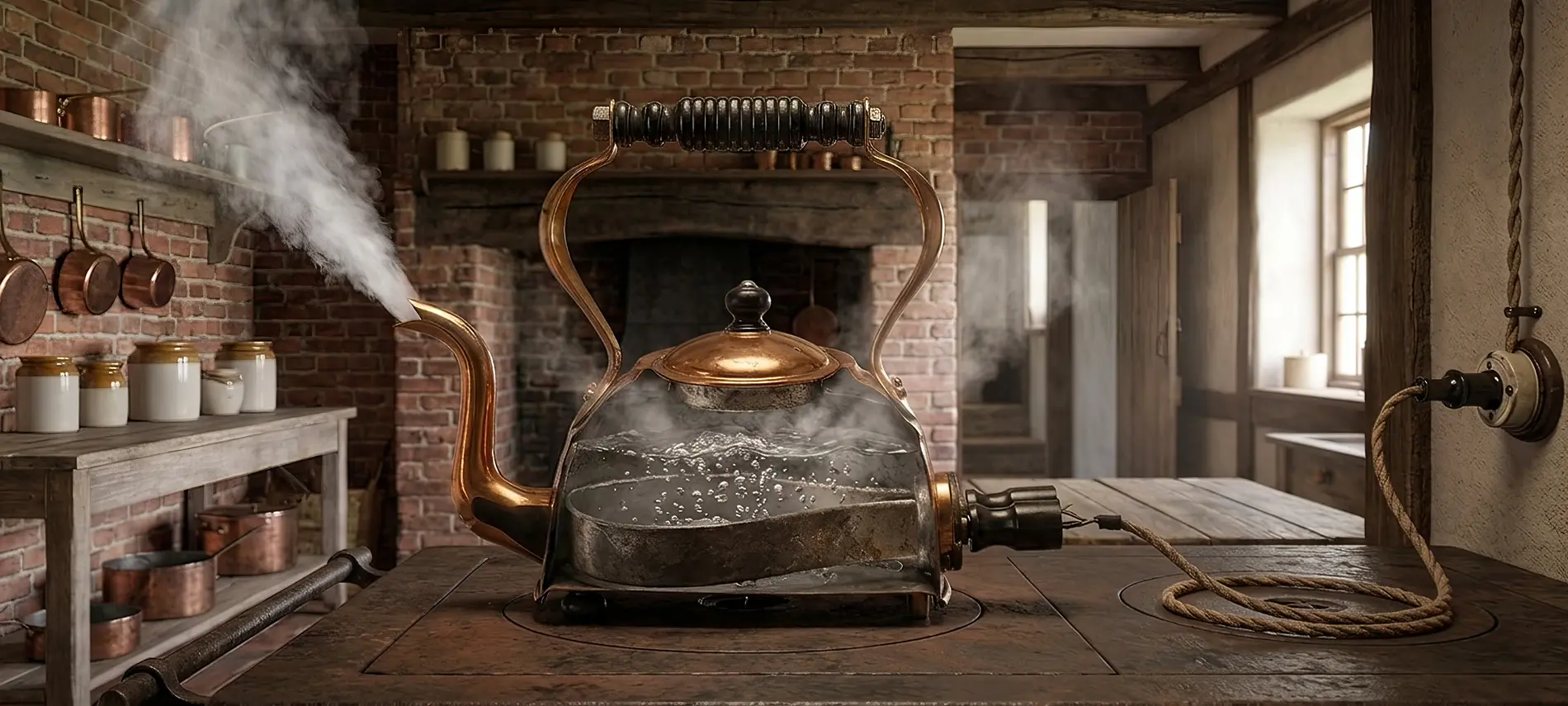 Первый электрический чайник. Изображение сгенерировано нейросетью