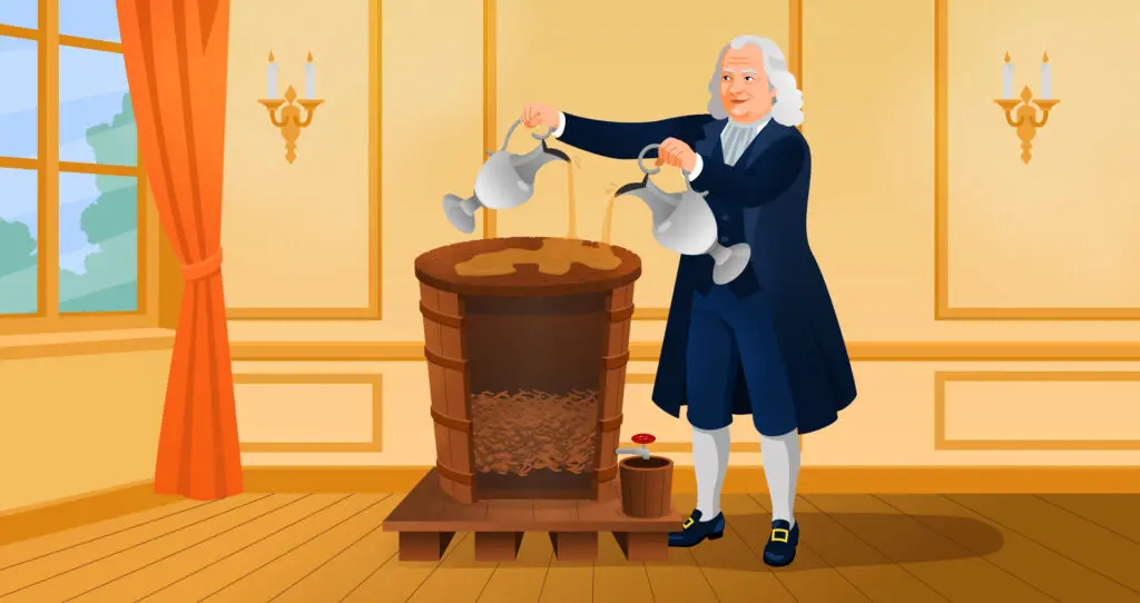 Герман Бургав пропускает яблочный сидр через бочку с деревянной стружкой