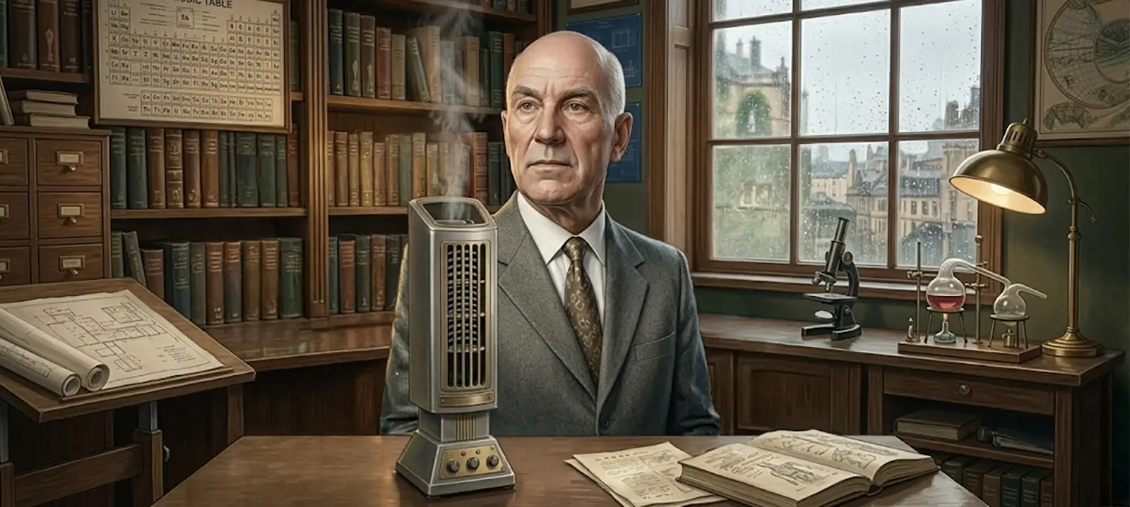 Советский конструктор Александр Микулин со своим изобретением. Изображение сгенерировано нейросетью